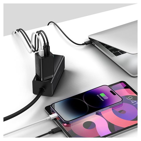 Мережевий зарядний пристрій Baseus GaN5 Pro, 65 Вт, Quick Charge, чорний, з кабелем USB тип-C до USB тип-C, 3 порта, #CCGP120201 Прев'ю 1