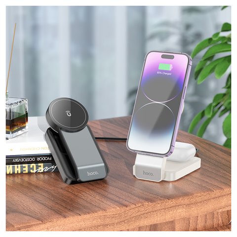 Беспроводное зарядное устройство Hoco CQ3 3-in-1, Quick Charge, белое, USB тип-C, 15 Вт, раскладное, портативный, магнитное, #6942007602341 Превью 2