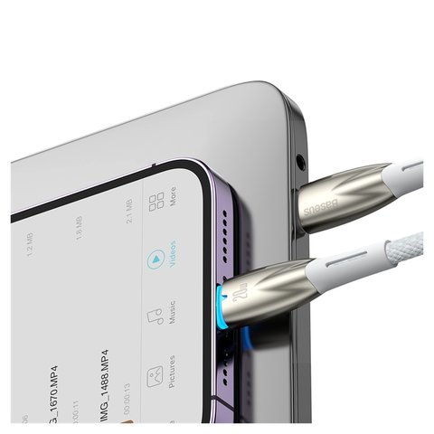 Cable USB Baseus Glimmer, USB tipo C, Lightning, 100 cm, 20 W, blanco, con revestimiento de nylon, con indicador, #CADH000002 Vista previa  1