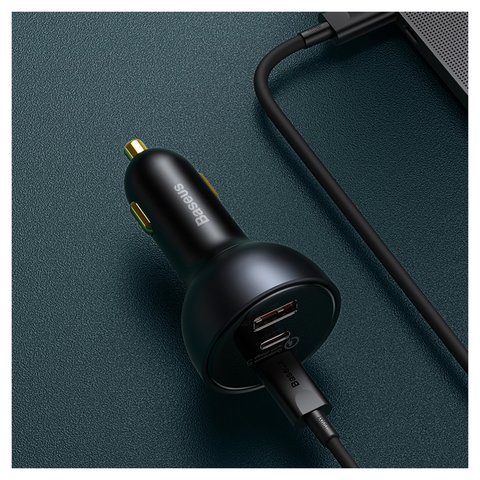 Автомобильное зарядное устройство Baseus Qualcomm Quick Charge 5 Technology, черное, Quick Charge, c кабелем USB тип-C к USB тип-C, 160 Вт, 3 порта, 12-24 B, #TZCCZM-0G Превью 2