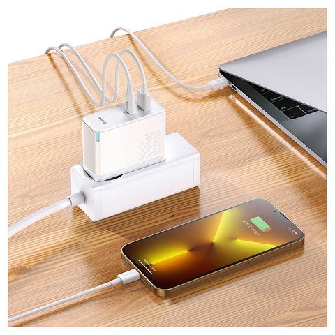 Сетевое зарядное устройство Baseus GaN5 Pro, 100 Вт, Quick Charge, белый, c кабелем USB тип-C к USB тип-C, 2 порта, #CCGP090202 Превью 3