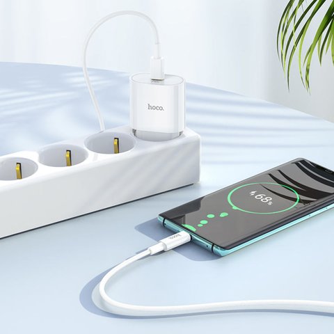 Сетевое зарядное устройство Hoco C94A, 20 Вт, Power Delivery (PD), Fast Charge, белый, c кабелем USB тип-C к USB тип-C, 1 порт, #6931474762191 Превью 1
